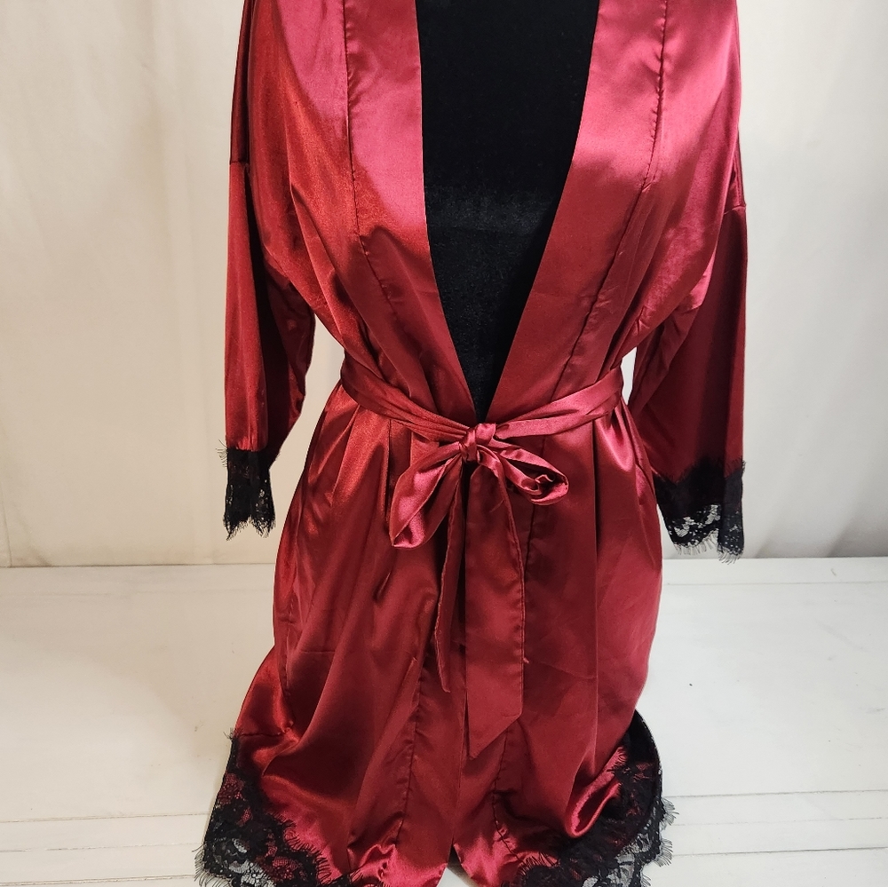 Red Satin Robe with Black Lace Trim Size XS